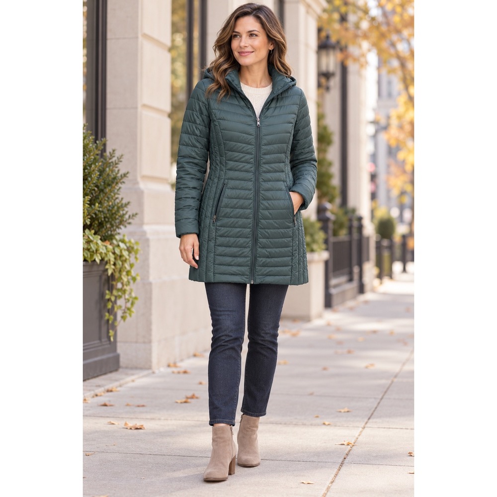 32 Degrees Heat Ultra Light Packable Down Jacket Green Hooded Gorpcore Large NWT